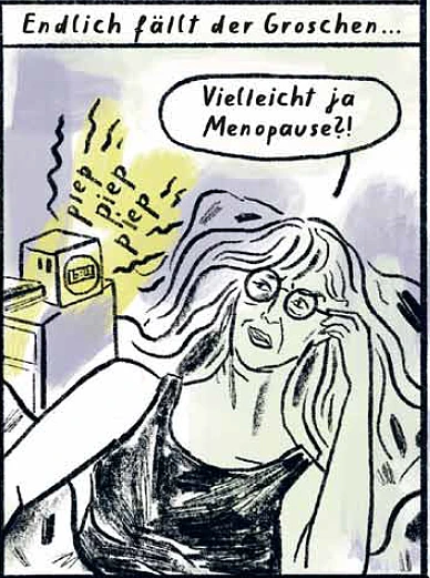 Eine Frau liegt erschöpft auf einem Sofa. In einer Denkblase steht: Hormone