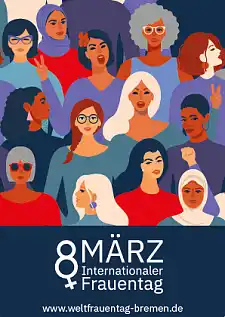 Postkartenmotiv Weltfrauentag 2022. Es zeigt viele unterschiedliche Frauen.