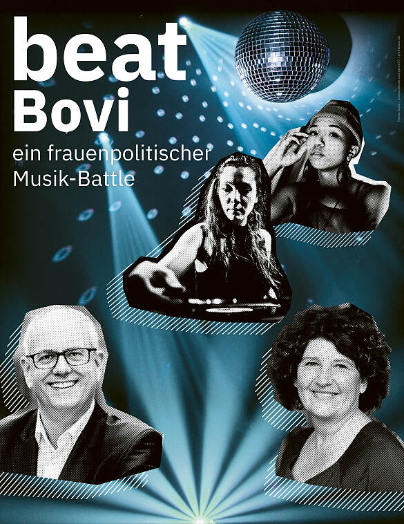 Veranstaltungsplakat mit Diskokugel und Lichtkegeln. Dazu die Fotos von Bürgermeister Andreas Bovenschulte, Landesfrauenbeauftragte Bettina Wilhelm, Musikerin Morti Vated und DJ Nutz an den Cutz