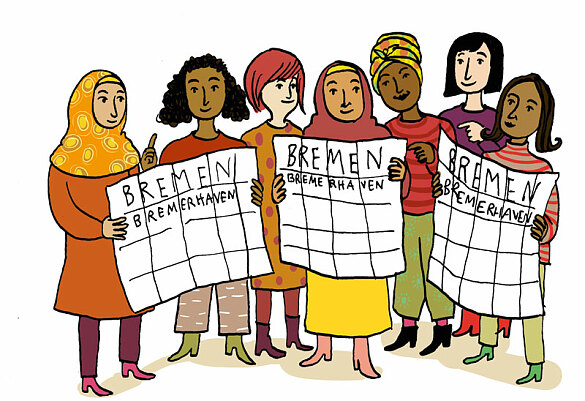Zeichnung zeigt Frauen verschiedener Kulturen, die Plakate halten, auf denen Bremen und Bremerhaven steht