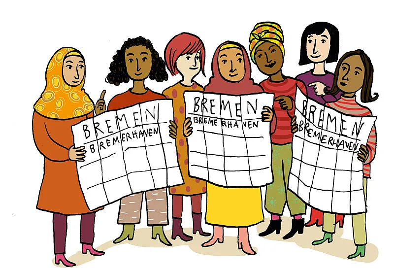 Grafik von sieben Frauen mit unterschiedlicher Hautfarbe und aussehen, die Frauen mit Flucht- und Migrationshintergrund repräsentieren sollen. Sie halten Stadtpläne von Bremen und Bremerhaven in den Händen.