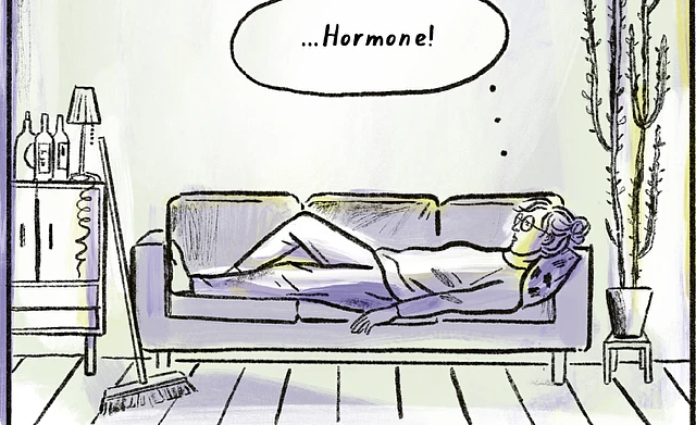 Eine Frau liegt erschöpft auf dem Sofa, in der Denkblase steht 