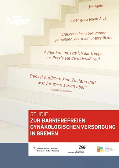 Ein Treppenhaus. Auf den Treppenstufen steht das Zitat: "Ich hatte einen ganz tollen Arzt, brauchte dort aber immer jemanden, der mich unterstützte. Außerdem musste ich die Treppe zur Praxis auf dem Gesäß rau. Das ist natürlich kein Zustand und war für mich schon übel."