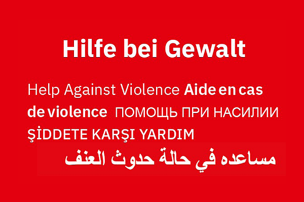 Schriftzug Hilfe bei Gewalt in unterschiedlichen Sprachen