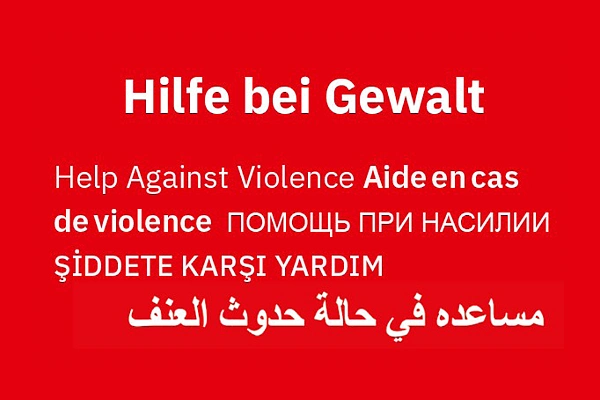 Schriftzug Hilfe bei Gewalt in unterschiedlichen Sprachen