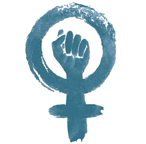 Grafik einer lila Faust, die aus dem Frauen-Symbol ragt